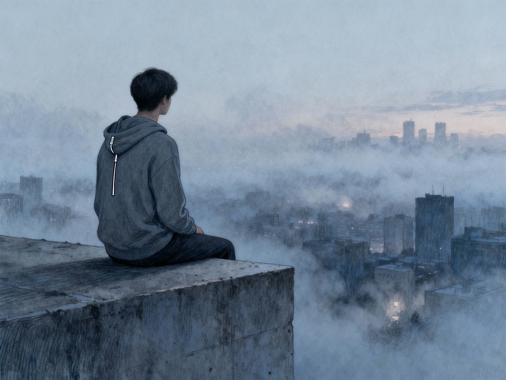 A fine-art illustrated composition depicting a solitary figure in a minimalist zip up hoodie seated