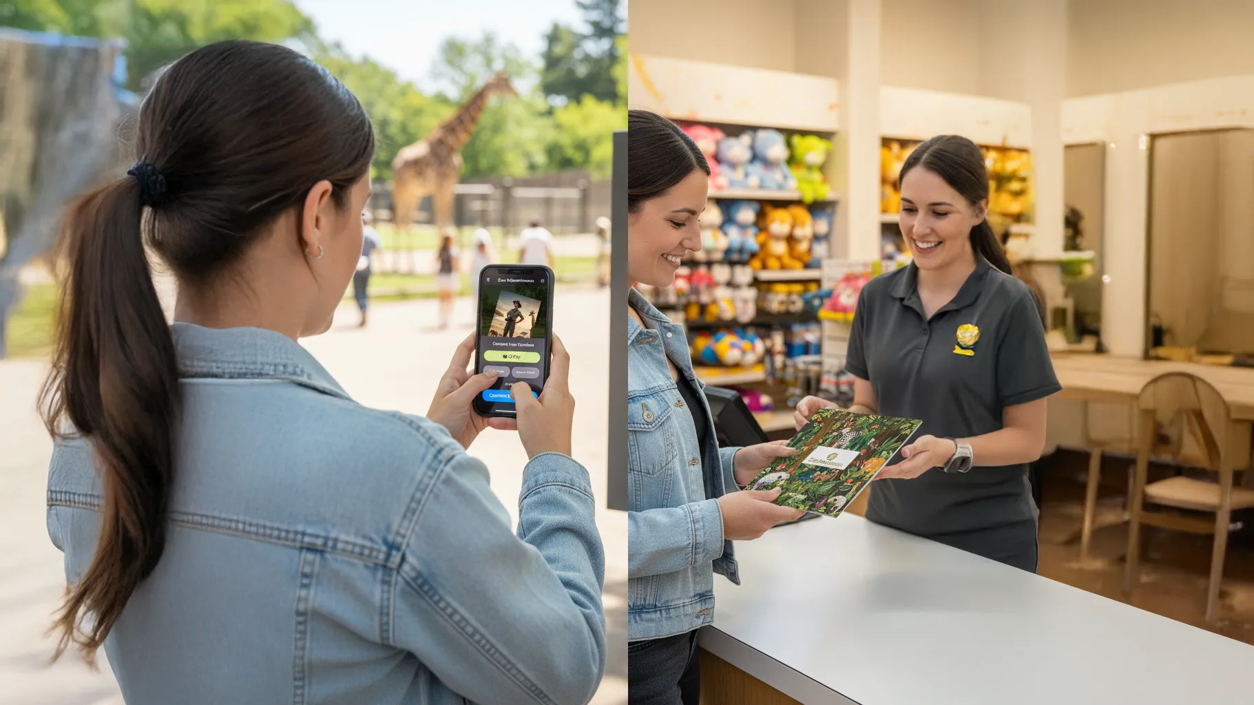 Besucherin kauft ein digitales Foto per Smartphone, unterstützt durch ein integriertes Bezahlsystem