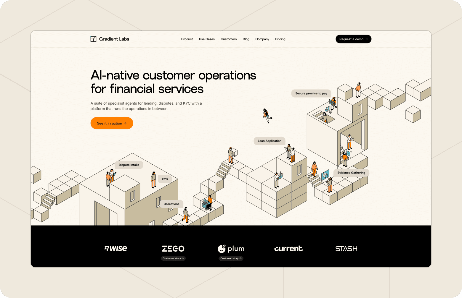 Screenshot of Gradient Labs' homepage illustrating workflows for dispute intake, KYB, collections, and loan applications, with customer logos including Wise, Zego, and Plum.