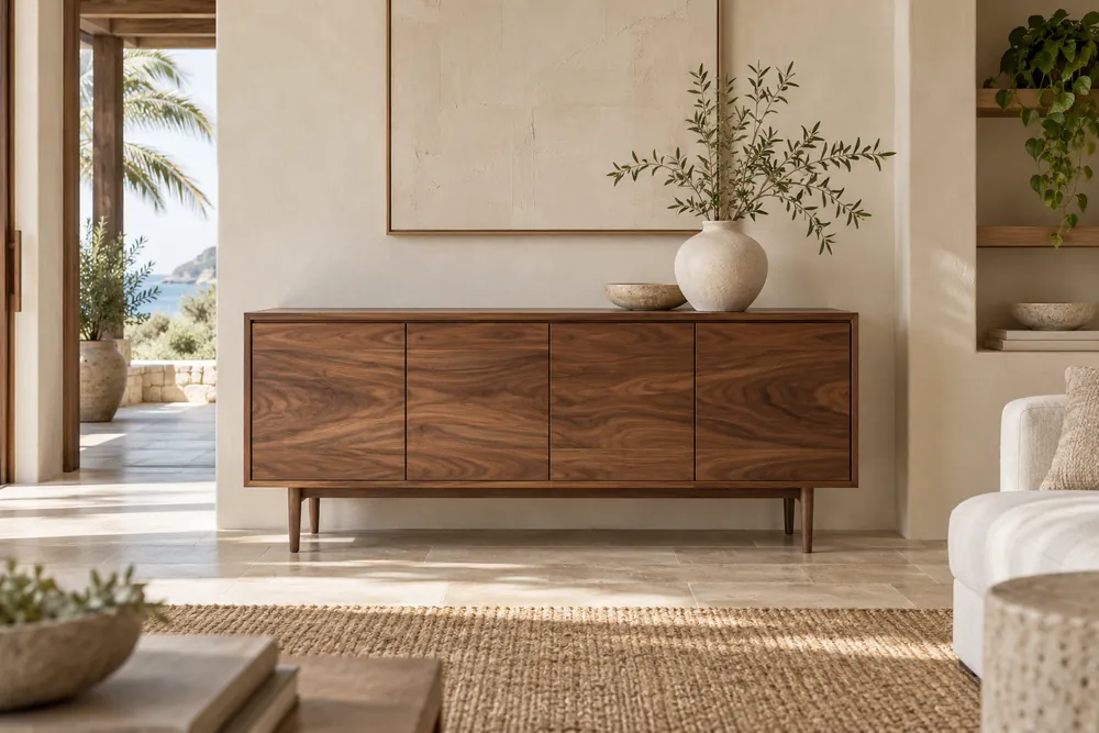 Referencia ilustrativa de credenza de madera en una sala.