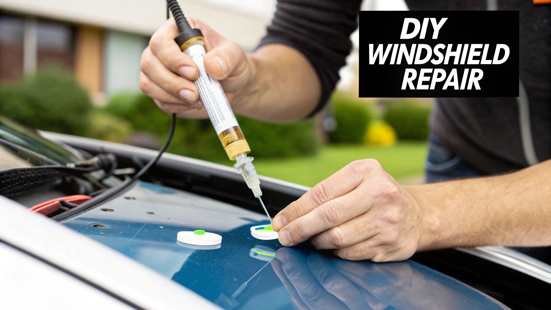 A person's hands are shown applying a DIY kit to repair a chip on a car's windshield.