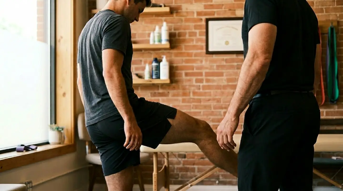 Practitioner supporting a patient's raised leg during a movement assessment in a clinical setting