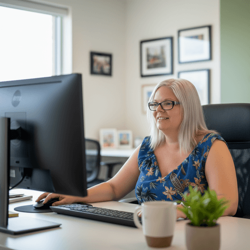 Female care coordinator working at a desk, reviewing care plans on a computer in a bright home office.
