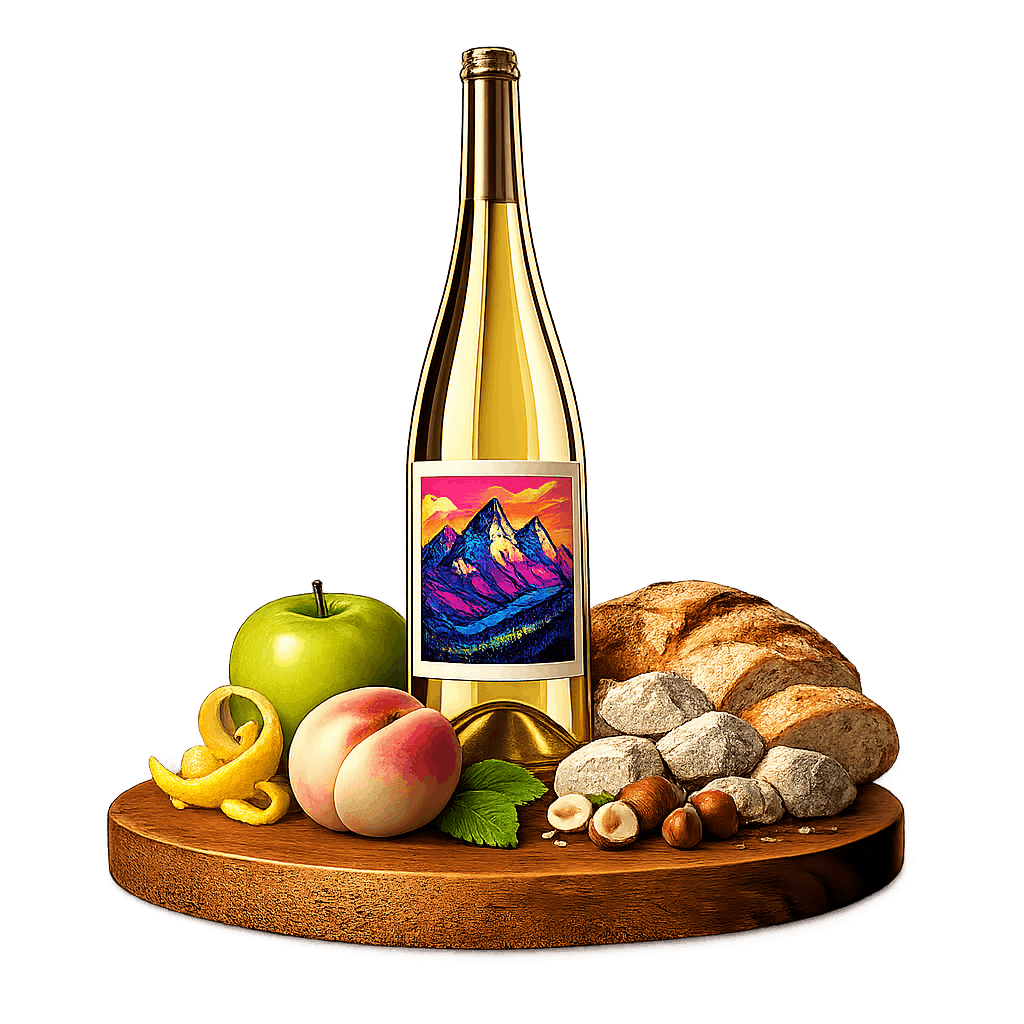 Artistic label and flavor profile for Slovak Chardonnay on a rustic wooden table.