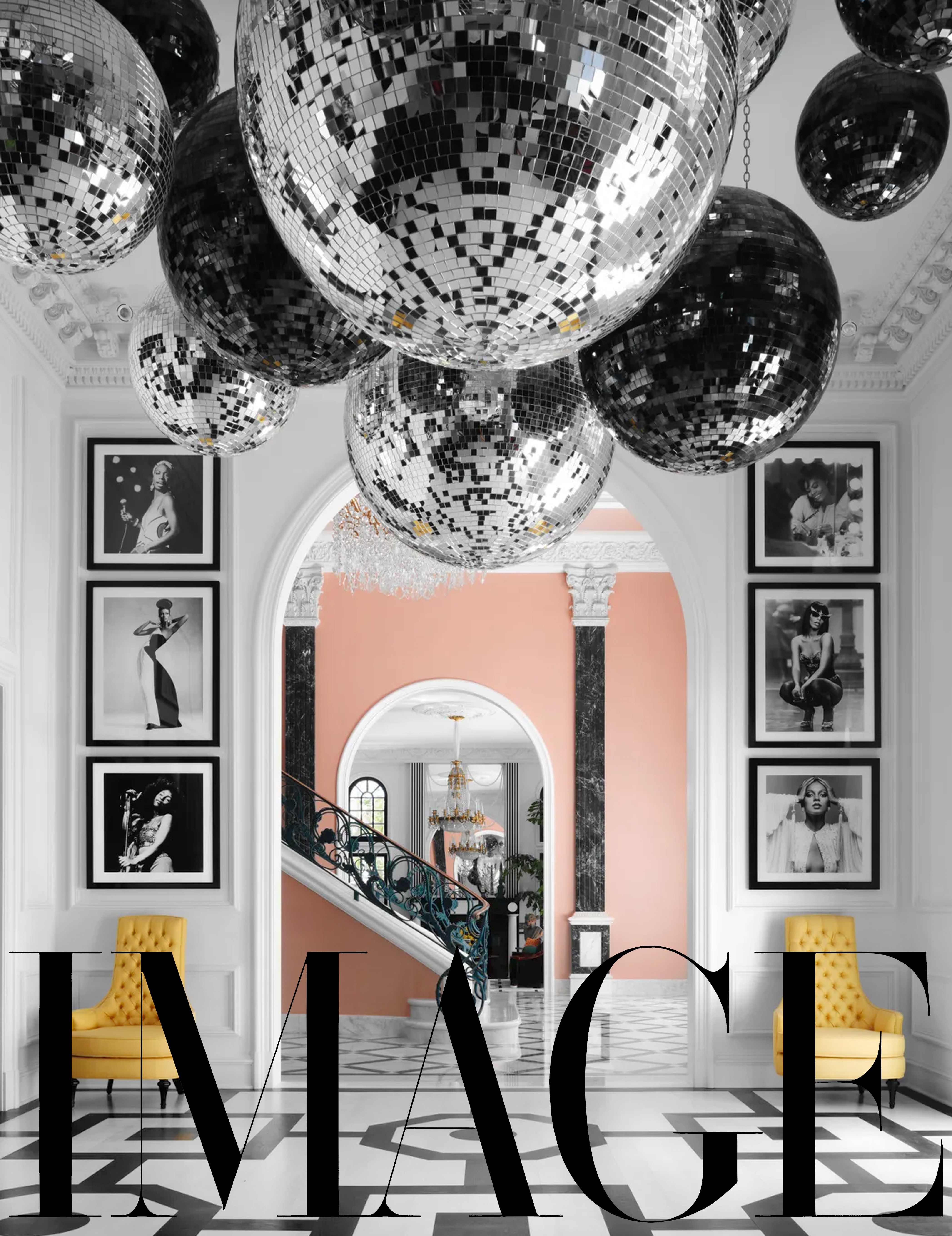 Glamorous Living Room with Disco Ball Ceiling looking into grand atrium with staircase
