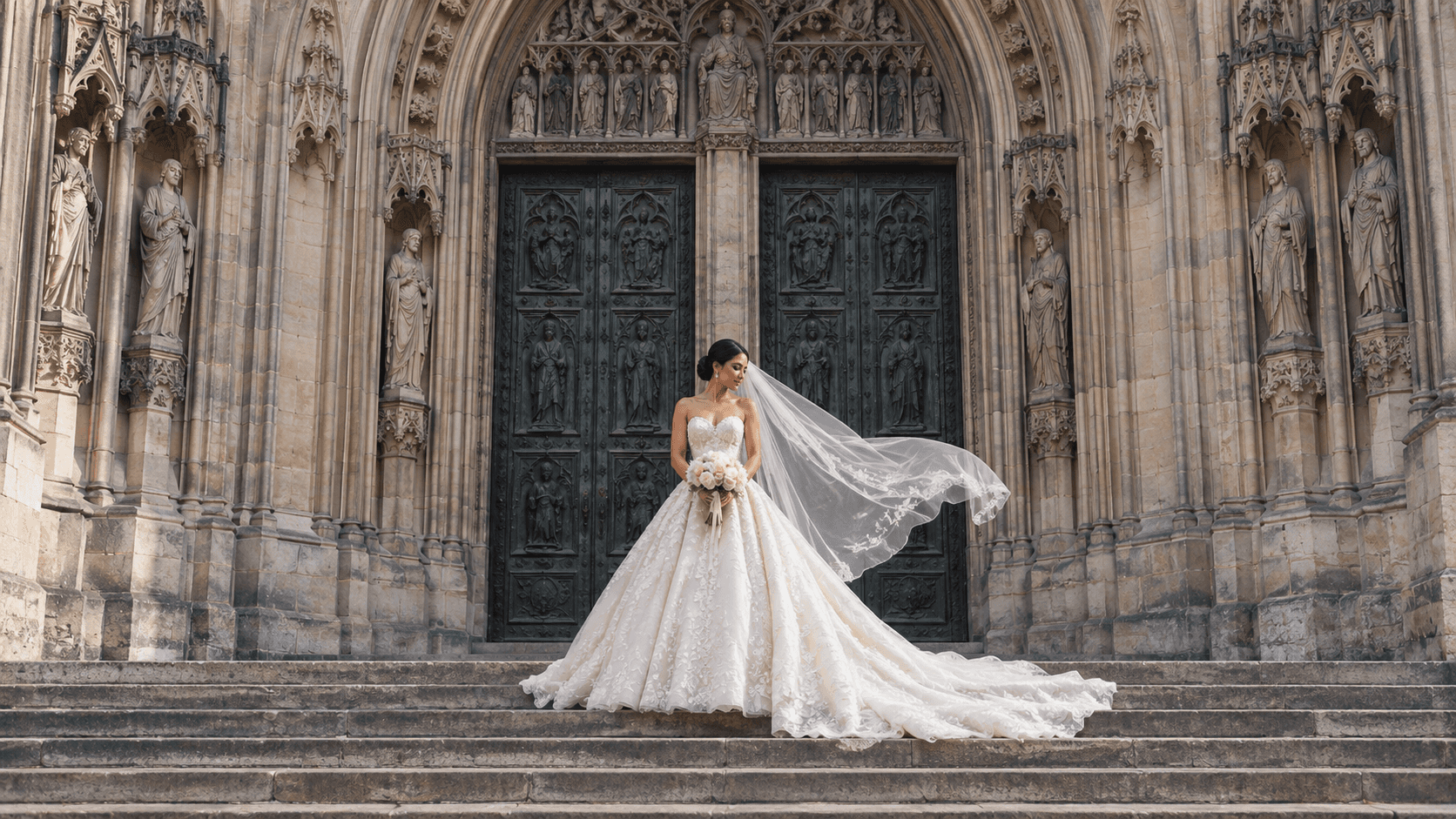 A bride in a sweeping couture gown beneath monumental cathedral doors.