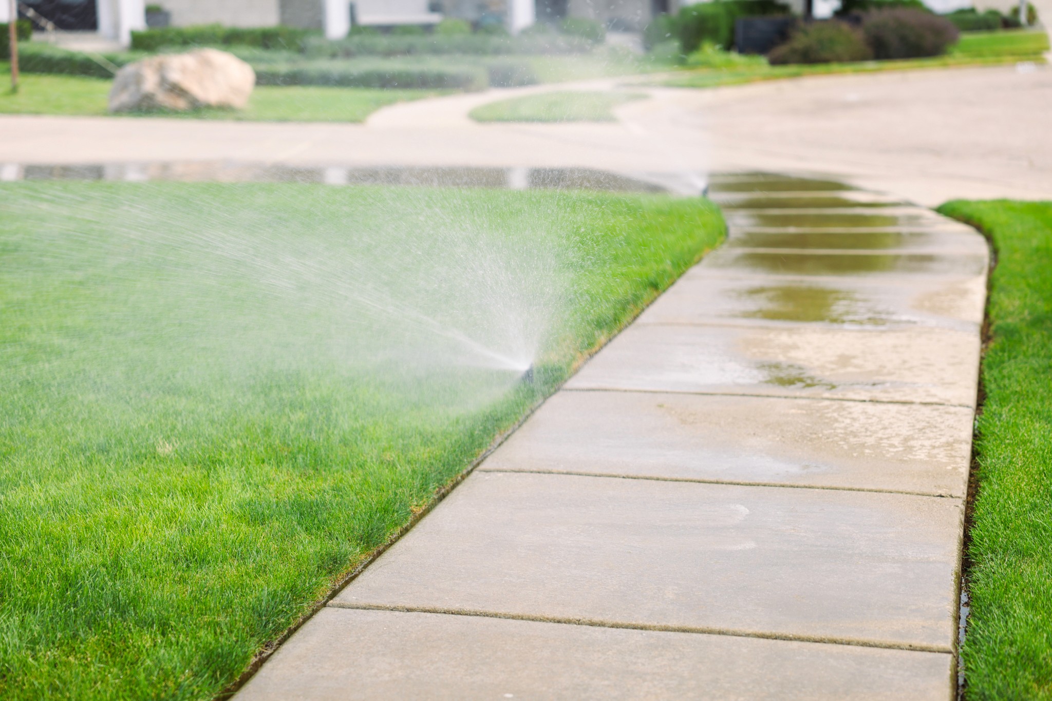 Automatic sprinklers watering Ogden garden