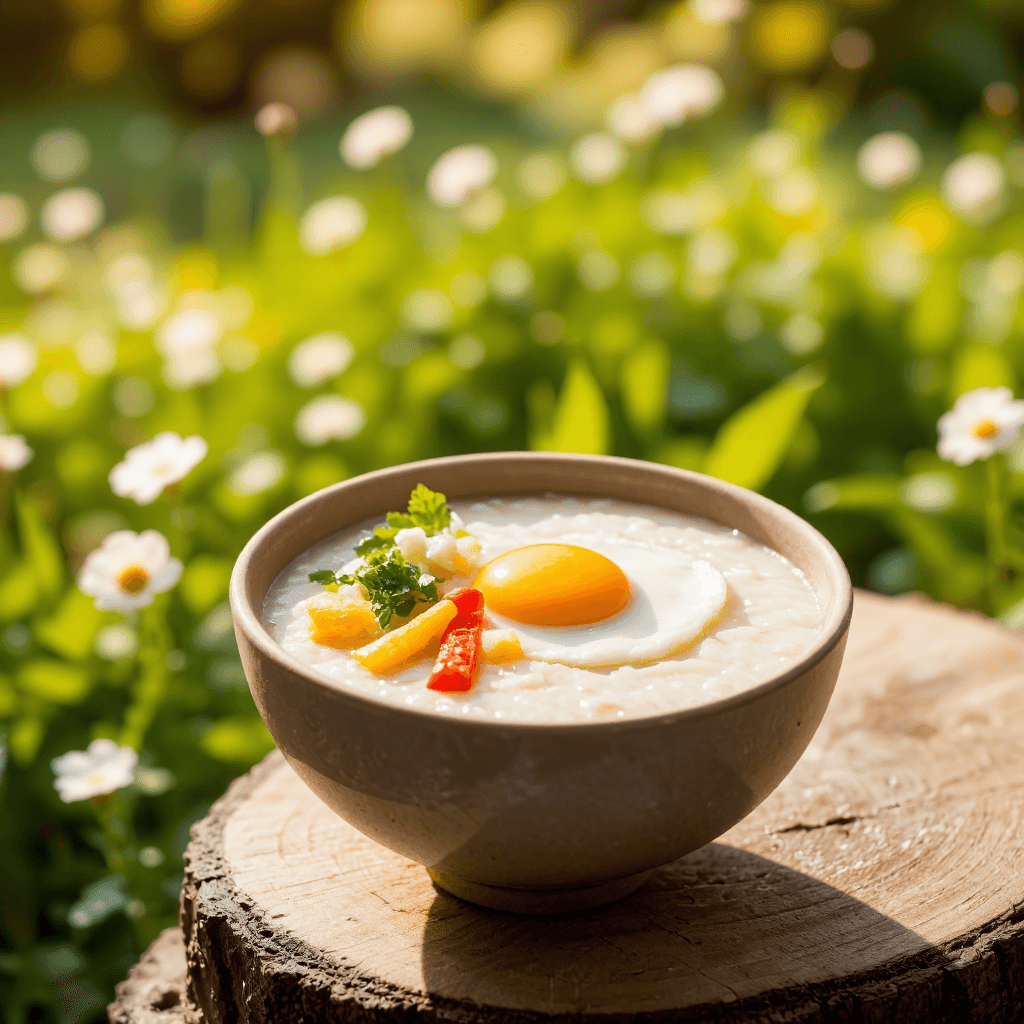 product photography of bowl of creamy rice porridge with egg and vegetables