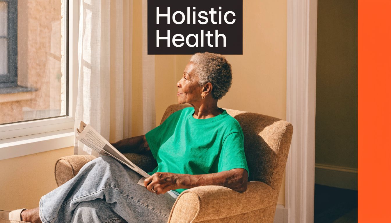 An elderly woman with gray hair wearing a green shirt sitting in an armchair reading a newspaper.