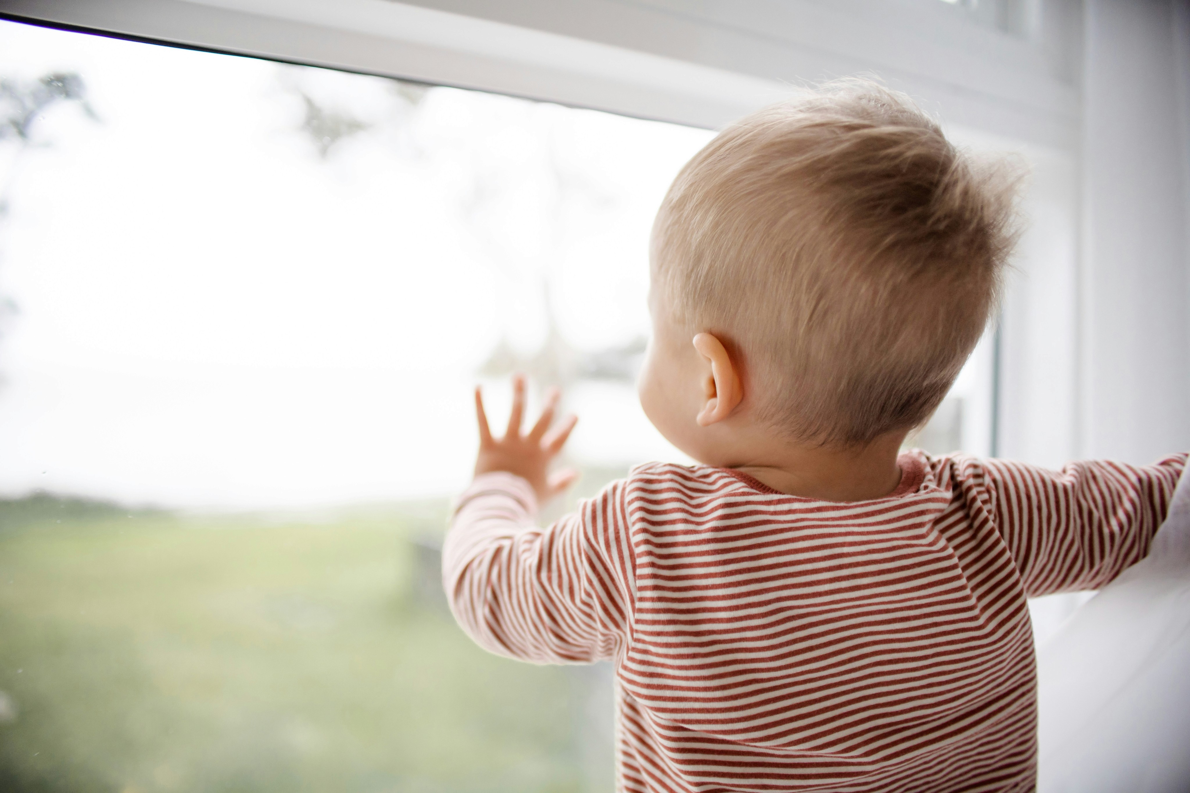 a toddler putting hand on a window