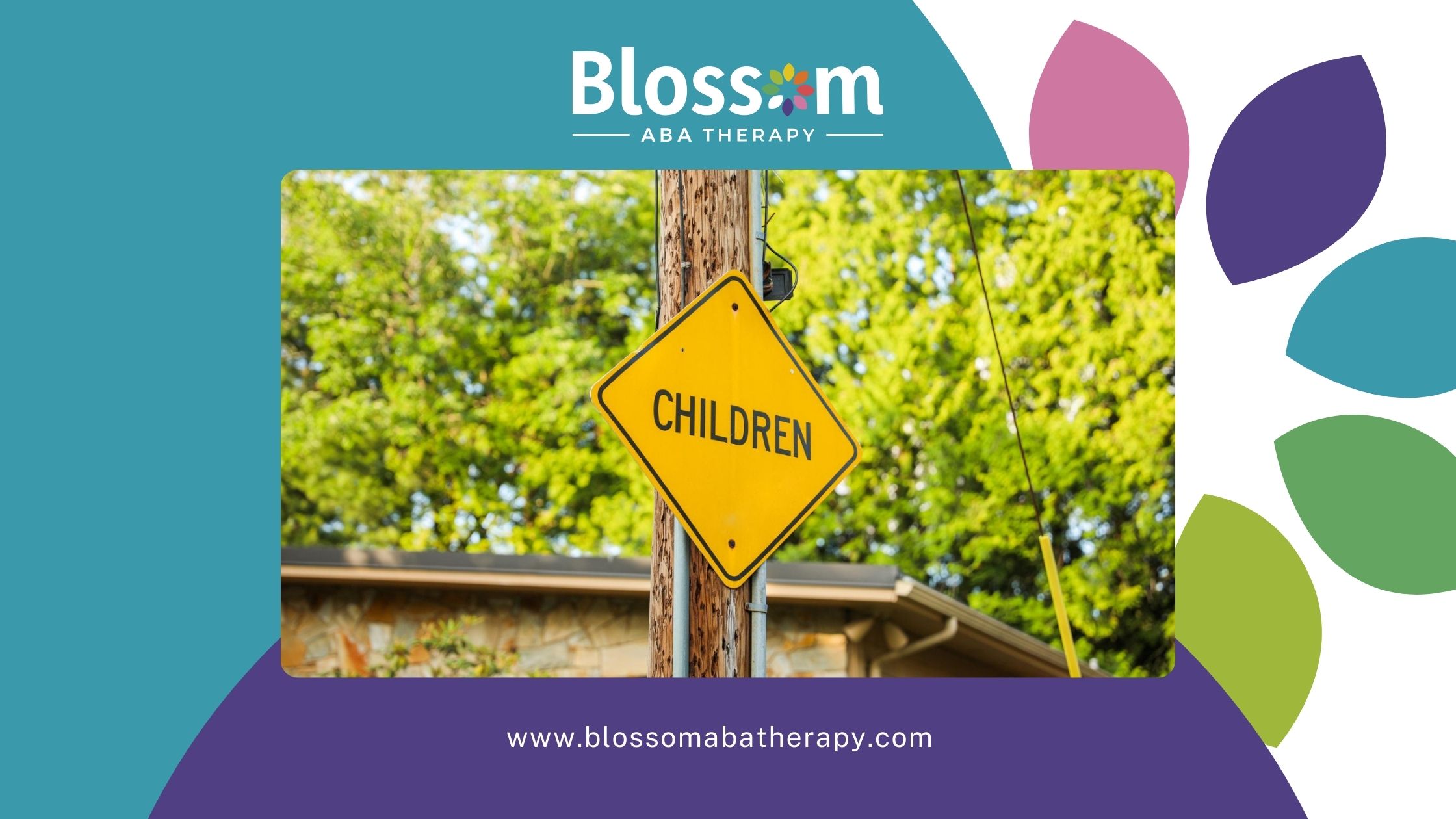 A bright yellow "Children" road sign against a backdrop of trees and a house.