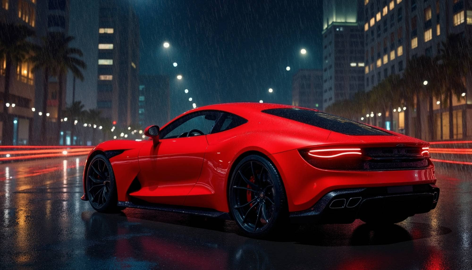 Une voiture de sport rouge de luxe vue de l'arrière, garée dans une rue de ville la nuit sous la pluie, avec des reflets sur la route mouillée et des bâtiments illuminés en arrière-plan.