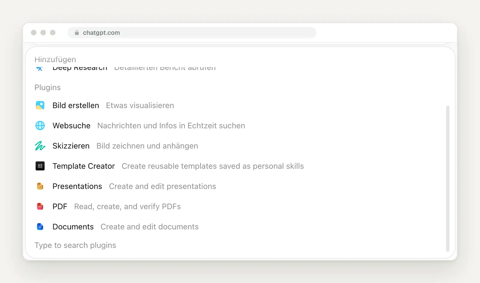 Plugins im Plus-Menü von ChatGPT: Bild erstellen, Websuche, Skizzieren, Template Creator, Presentations, PDF, Documents