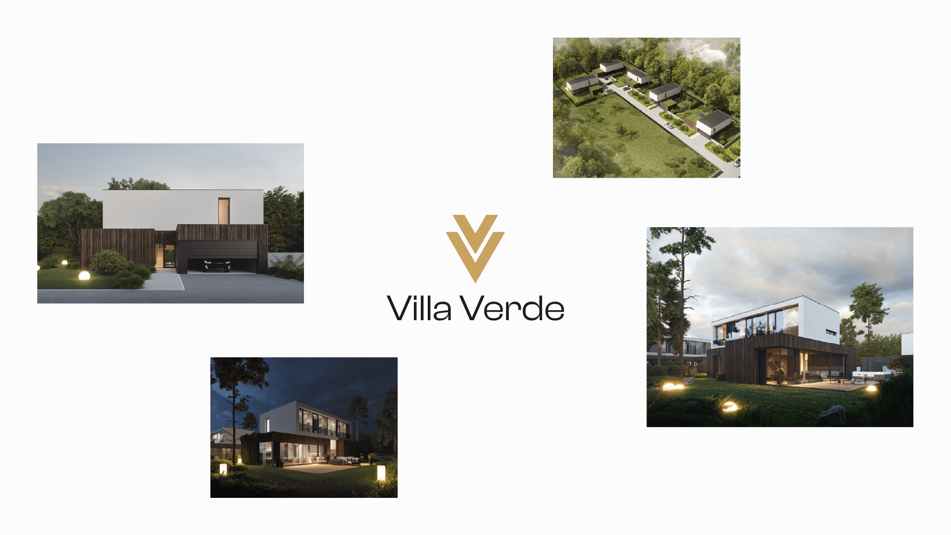 Logo Villa Verde zestawione z wizualizacjami nowoczesnych domów i osiedla mieszkaniowego.