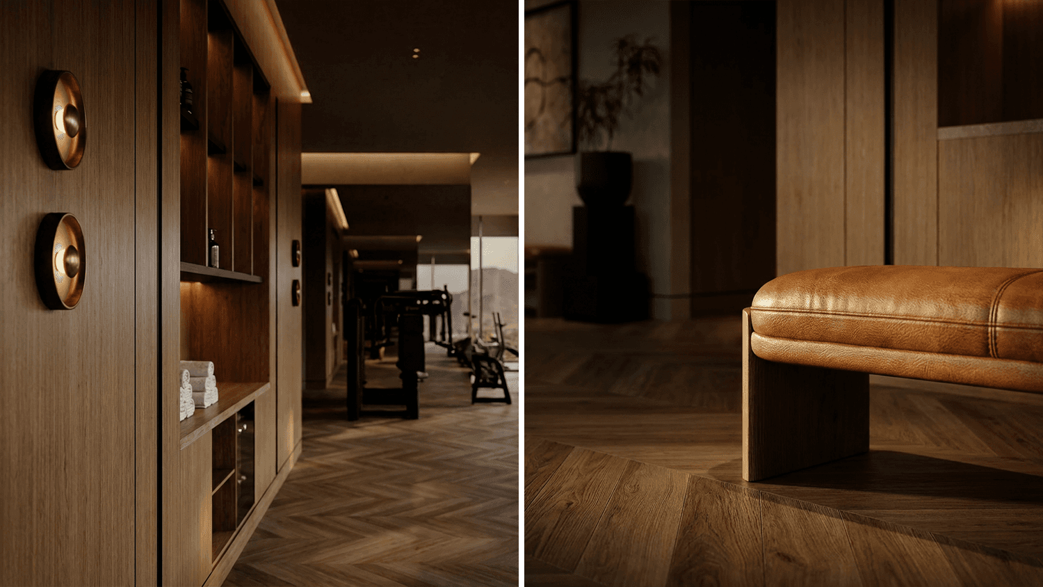 Interior render, gym with fitness machines overlooking a window