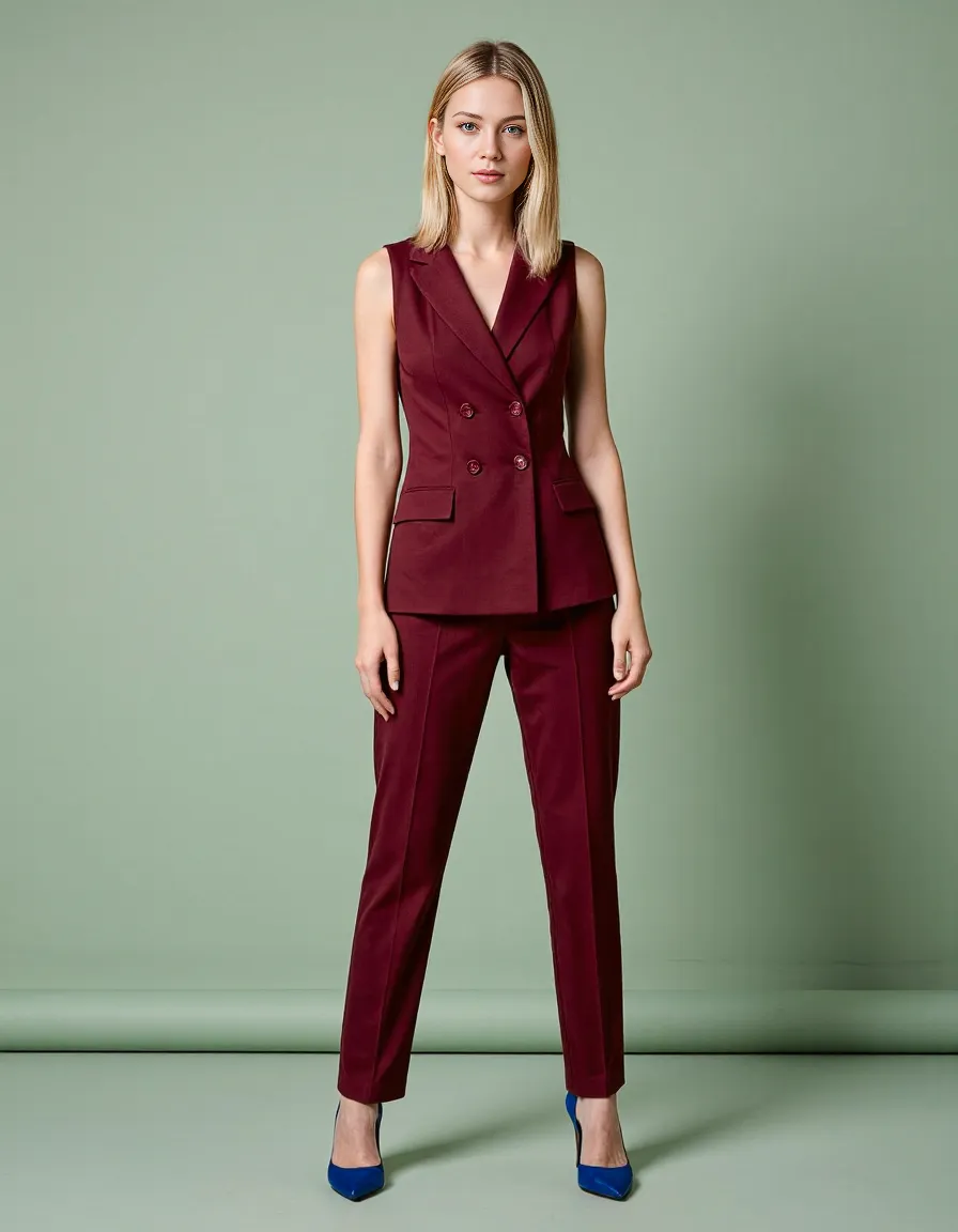 Sleek burgundy tailored power suit with double-breasted vest and matching trousers paired with bright blue heels against a mint green backdrop