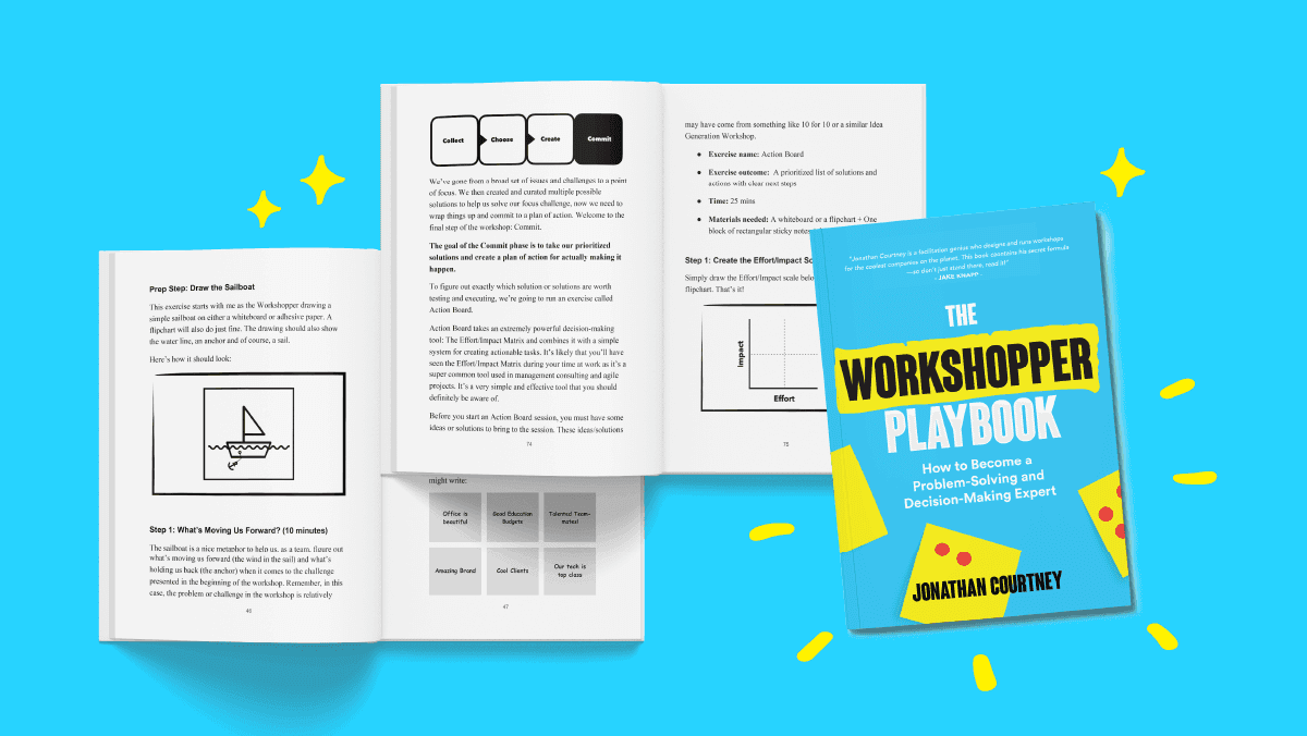 The Workshopper Playbook by Jonathan Courtney with open pages showing workshop exercises and frameworks