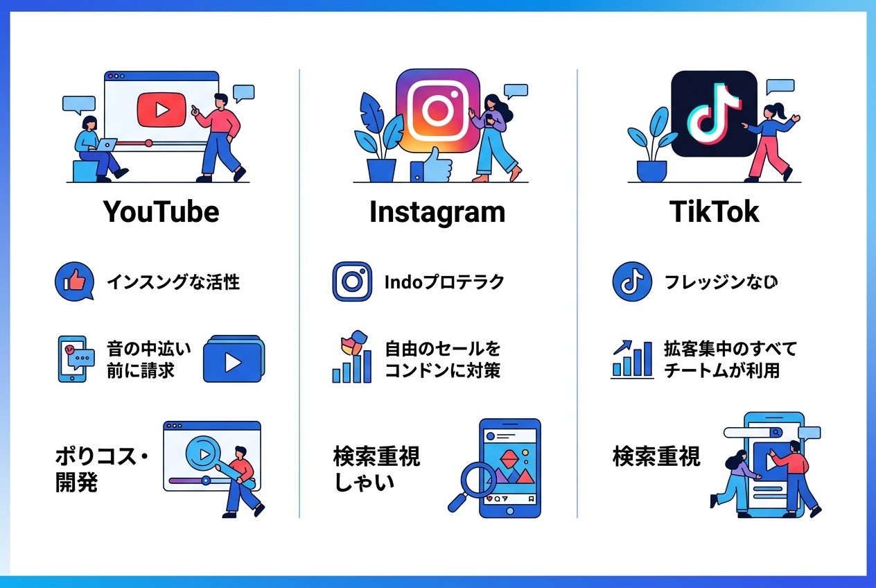 主要プラットフォーム別の動画マーケティング戦略の違い。YouTubeは検索性と詳細解説、Instagramは視覚的訴求と購買連動、TikTokは短尺での瞬間的な拡散を重視する。