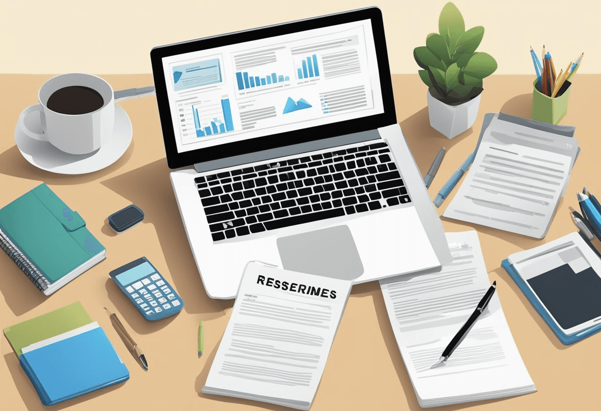 A desk with a laptop, pen, and paper. A stack of resumes and a cover letter with "Mastering the Cover Letter" on the title