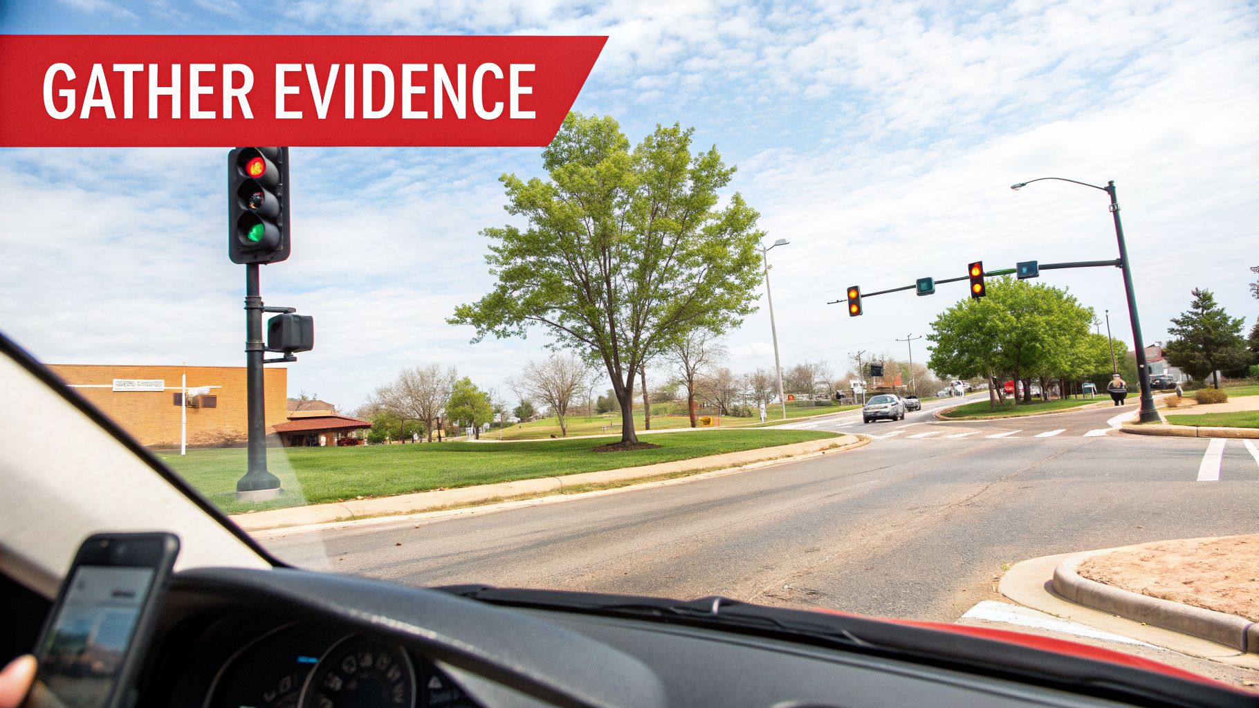 A driver's point of view from inside a car at an intersection with a green traffic light and a red banner.