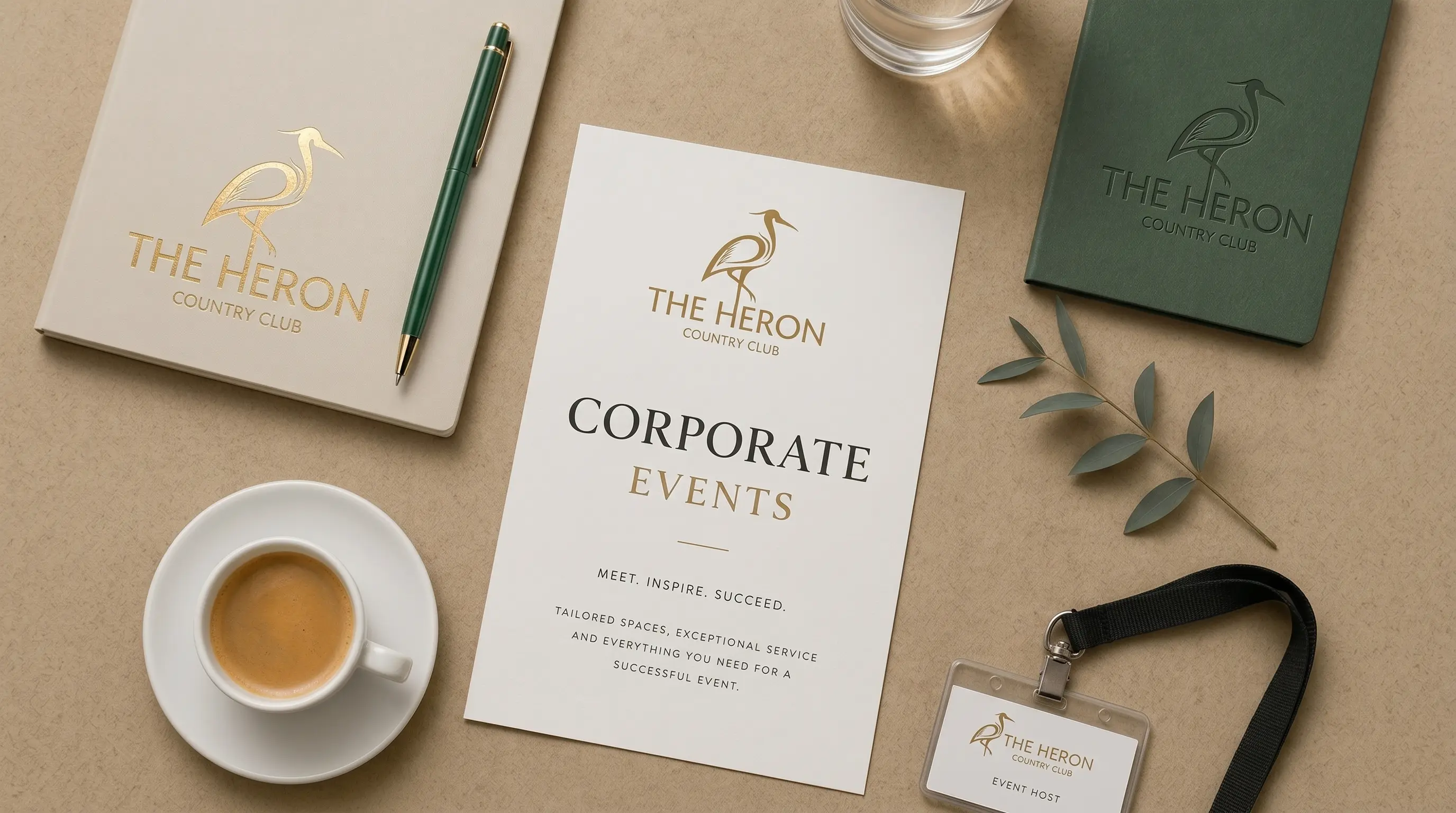 The Heron Country Club marketing: notebook,  pen,  event brochure,  coffee,  water,  name tag,  eucalyptus