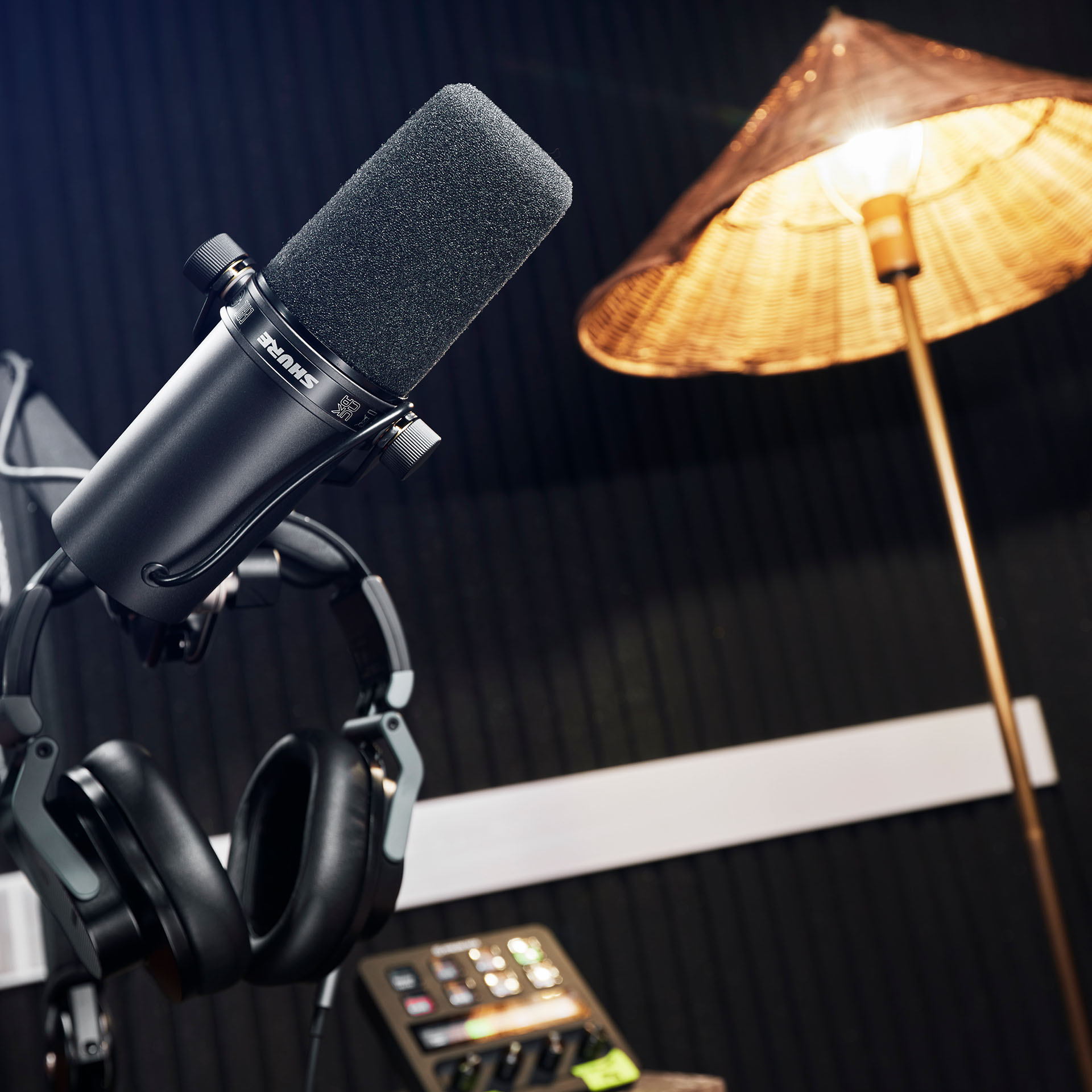 Podcast microphone in a studio