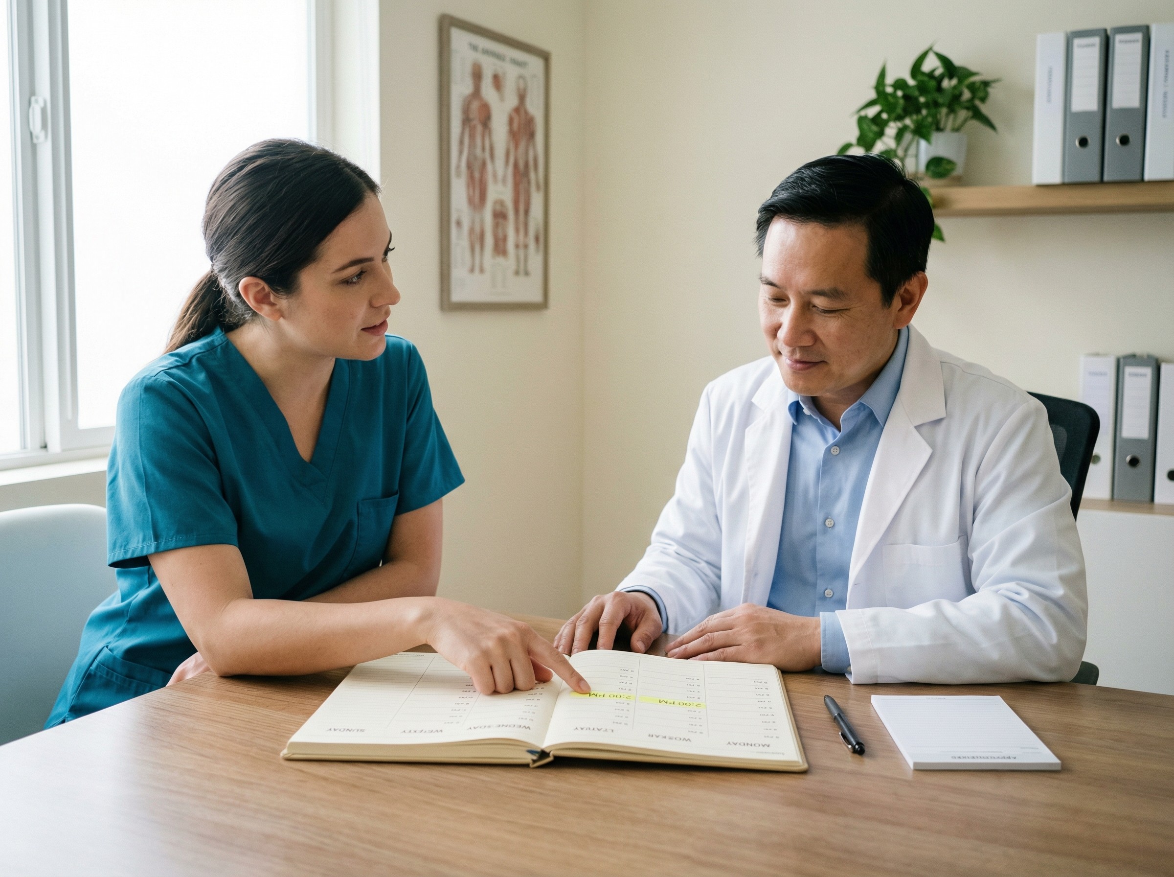 Auf einem Schreibtisch im Sprechzimmer liegt ein sauber beschrifteter Wochenplaner neben Stift und Terminblock. Eine Assistenz zeigt auf eine markierte Uhrzeit, während der Arzt zustimmend nickt. Es wirkt strukturiert und ruhig, bereit für einen planbaren Tagesablauf.