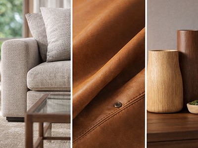 Furniture material details showing fabric sofa, leather texture, and wood finish