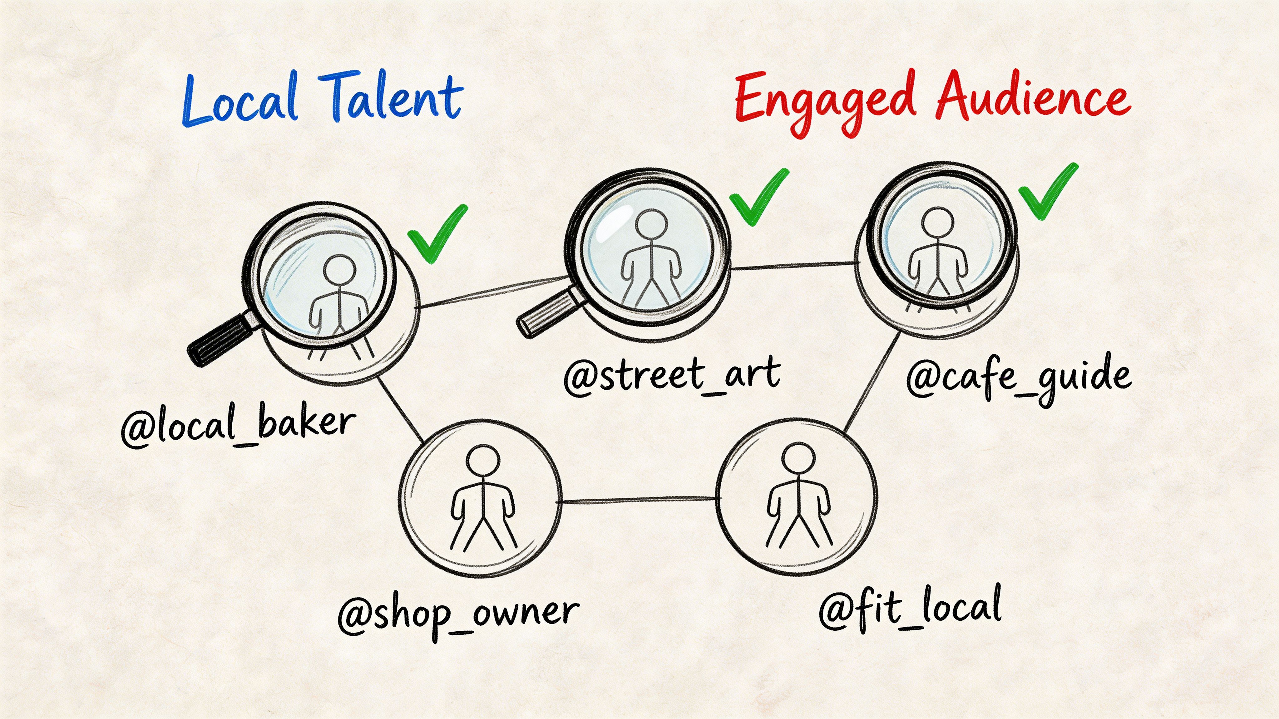 A diagram connecting local influencers like bakers and shop owners to an engaged audience through social networks.