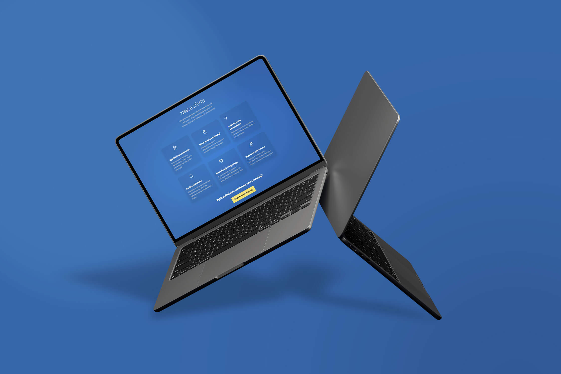 Widok sekcji z ofertą usługową na projekcie strony internetowej ukazanym na nowoczesnym laptopie. Profesjonalny web design i przejrzyste projektowanie elementów interfejsu.