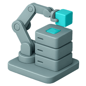 Gray robotic arm placing a teal cube onto a server stack