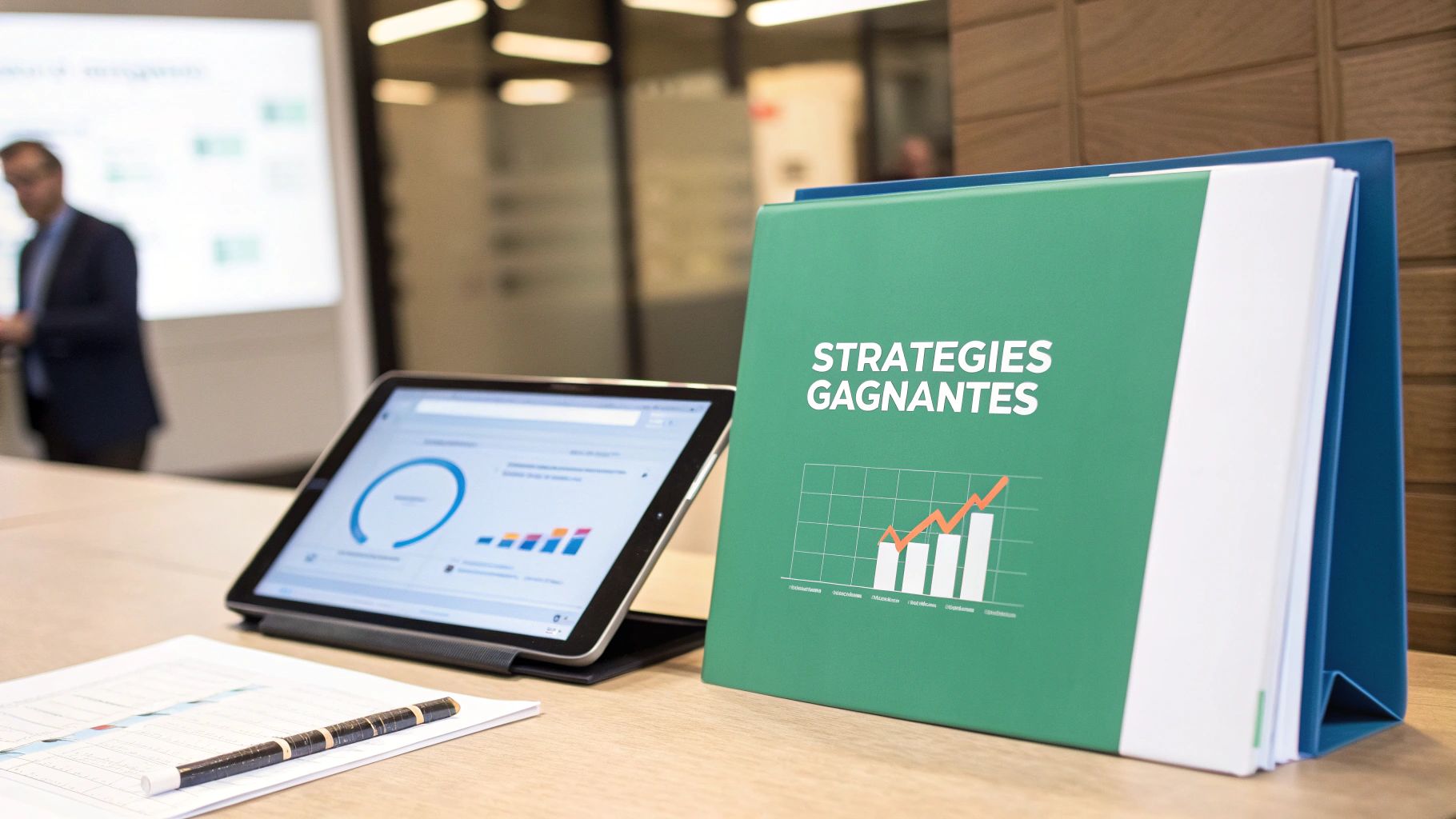 Une tablette affichant des graphiques de données, un document avec un stylo et un classeur vert 