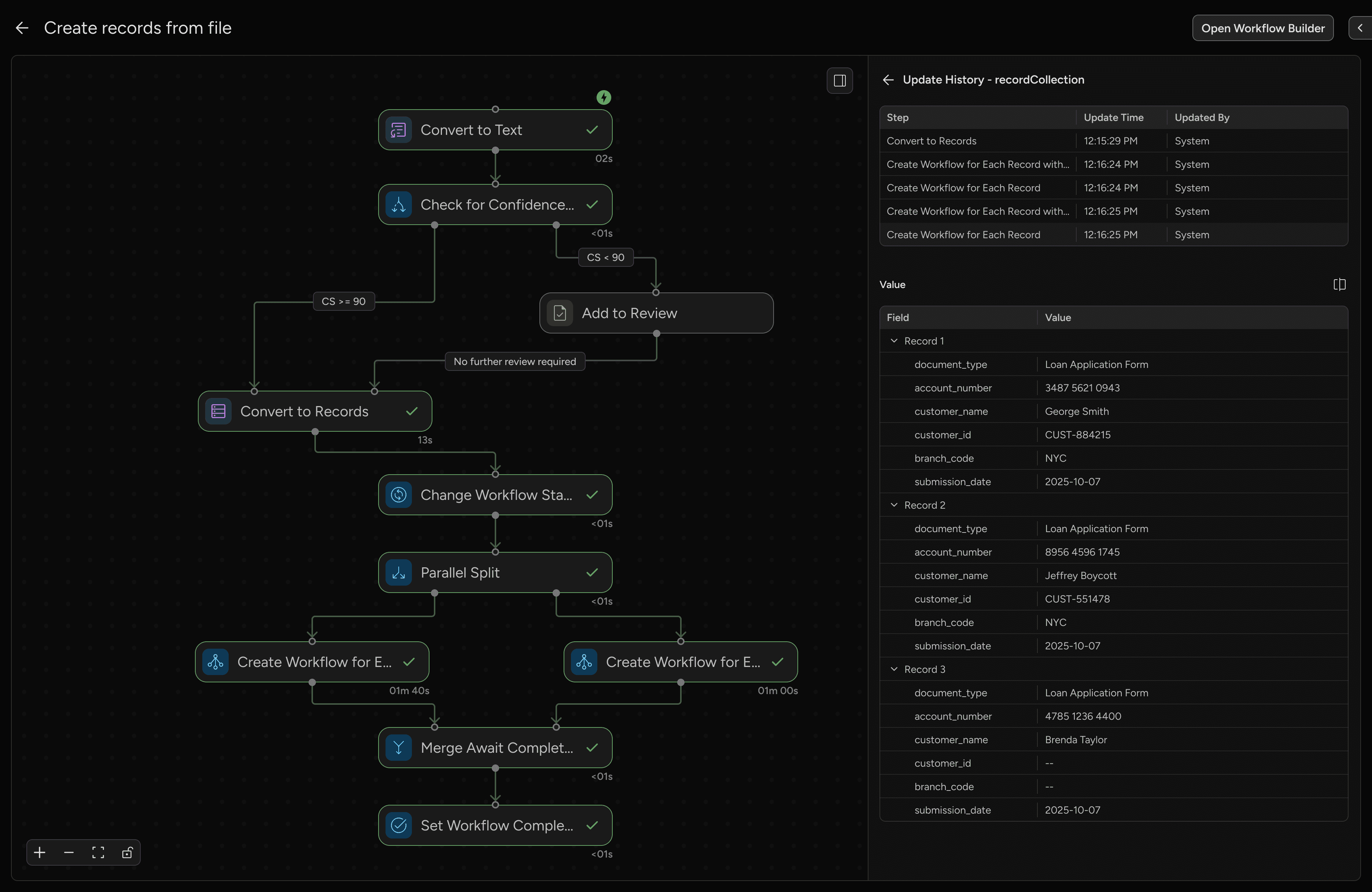 Workflow UI showing update history with logs and current record values