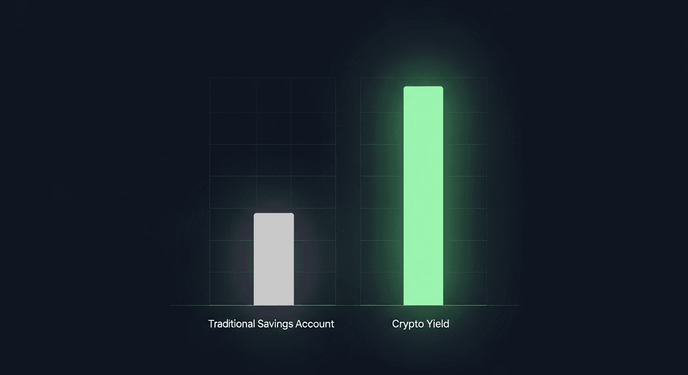 Abstract illustration showing a rising yield curve against a comparison of crypto versus traditional savings rates, with a dark background and green accents