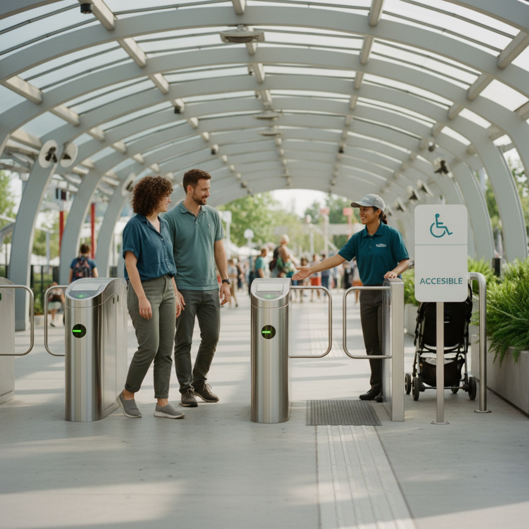 Metallene Drehkreuze glänzen im Schatten eines Vordachs, grüne Kontrollleuchten spiegeln sich auf dem Boden. Ein Mitarbeiter mit Kappe weist zwei Gäste in Richtung eines breiteren, barrierefreien Durchgangs. Die Luft ist frisch, leises Stimmengewirr liegt über der Szenerie.