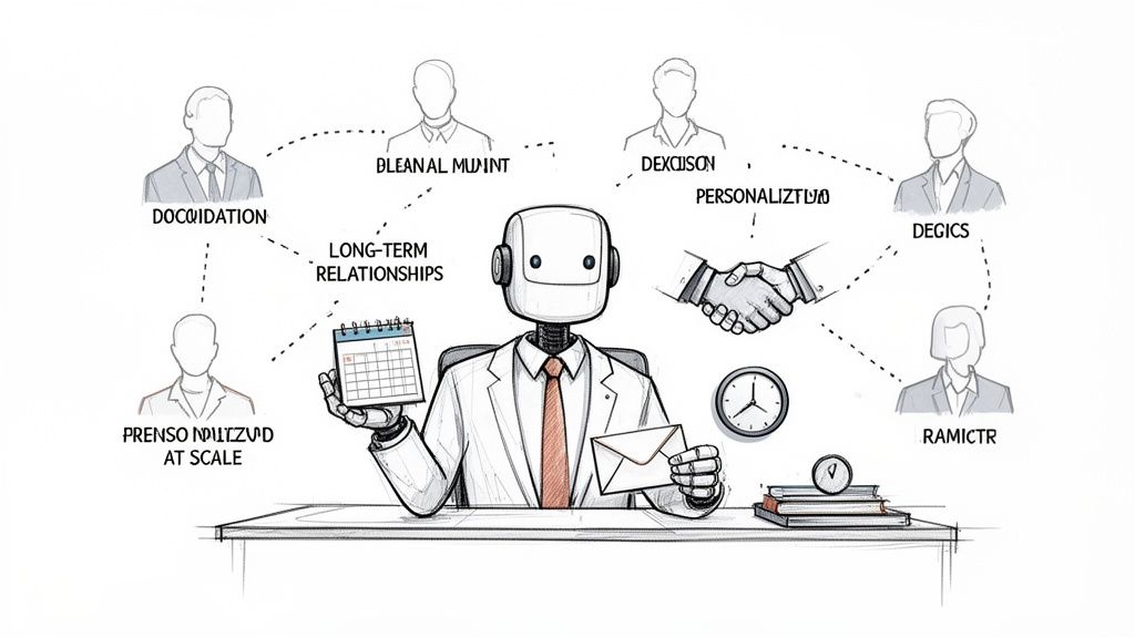 A robot manages long-term relationships and personalized interactions with multiple human clients, representing business automation.
