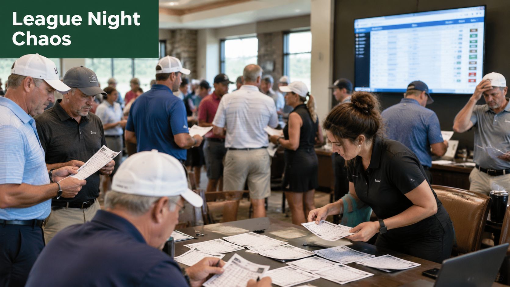 A busy golf club lounge during league night as organizers distribute scorecards to participants at tables.