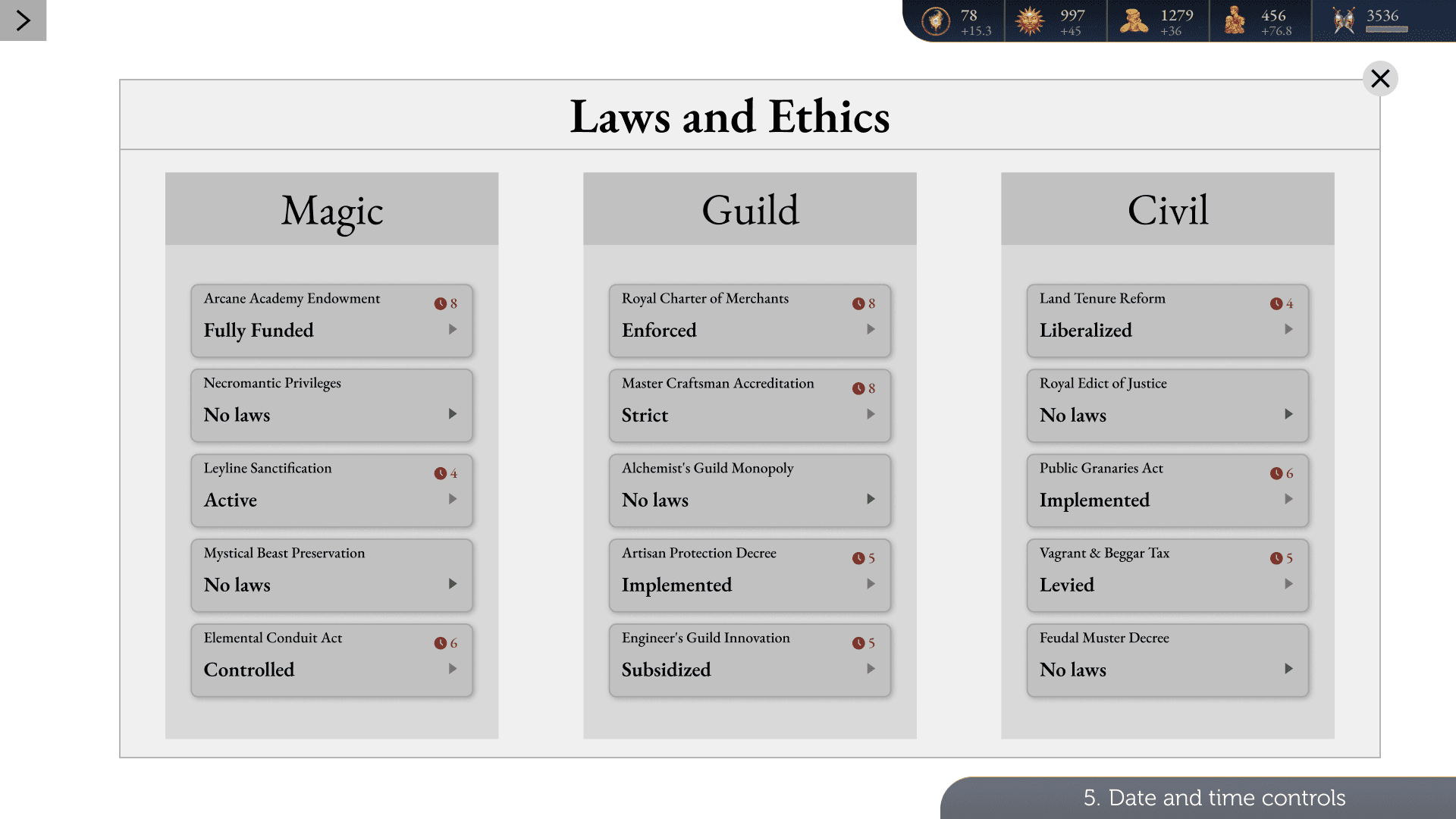 Three categories, and the stance set on each law