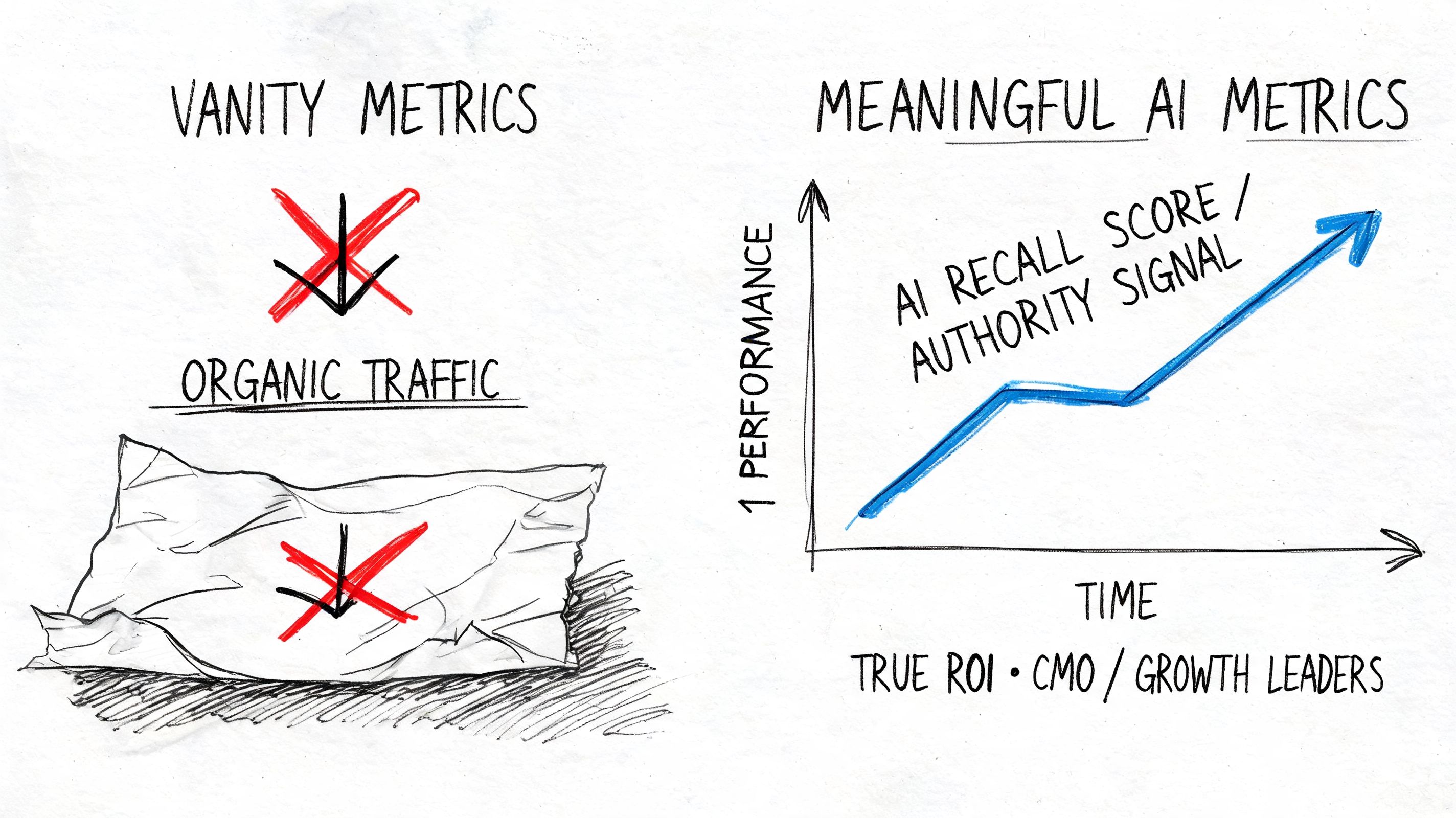 A hand-drawn comparison between vanity metrics like organic traffic and meaningful AI performance metrics.