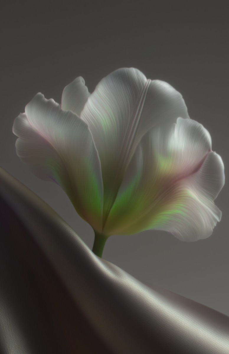 A luminescent, white tulip with iridescent green and pink hues gracefully emerges from a soft, flowing, metallic fabric surface, set against a dark, minimalist background.