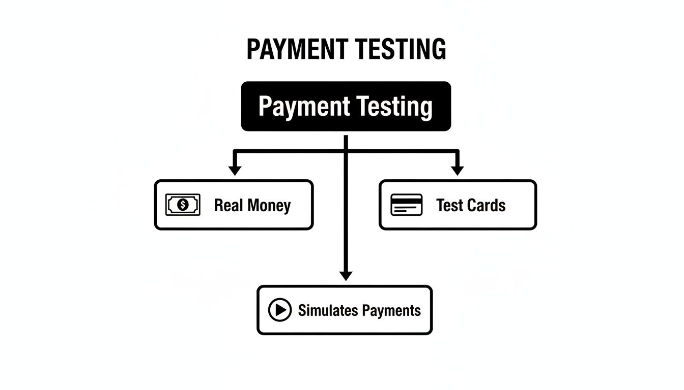 A flowchart illustrates payment testing, showing methods like real money and test cards to simulate payments.