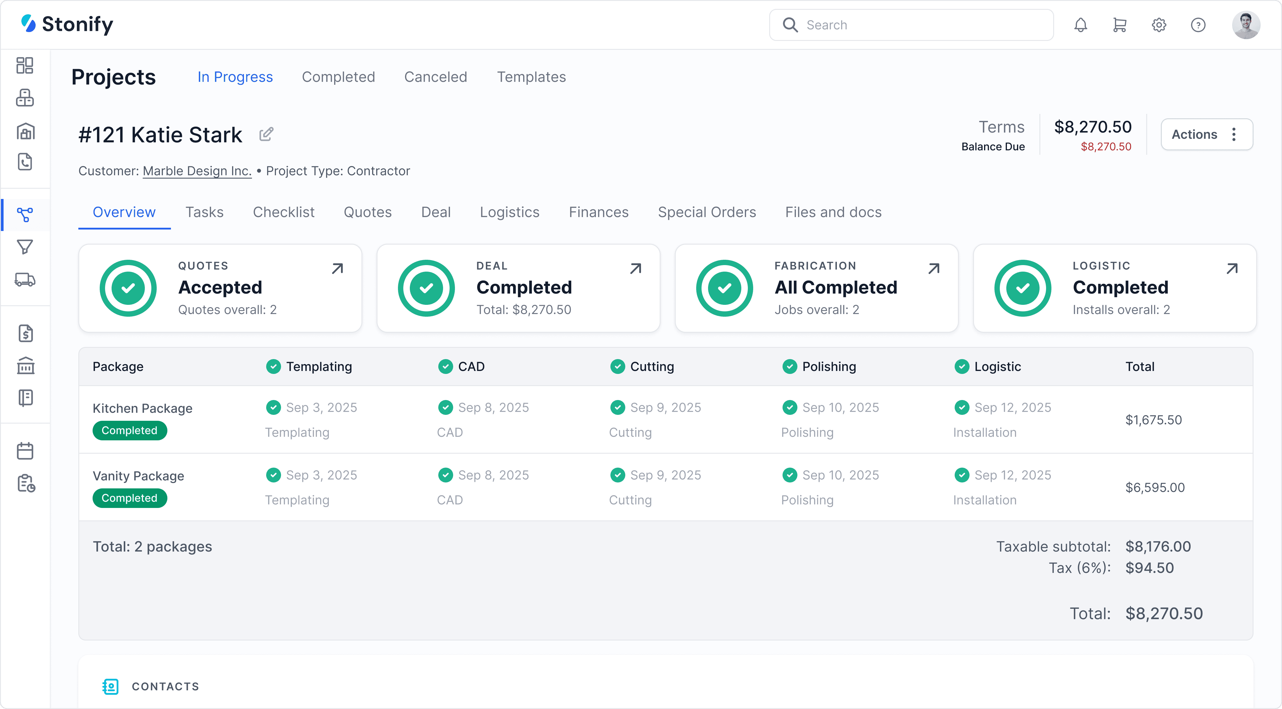 Stonify ERP dashboard showing a stone fabrication project with quotes, fabrication progress, logistics tracking, and job totals.