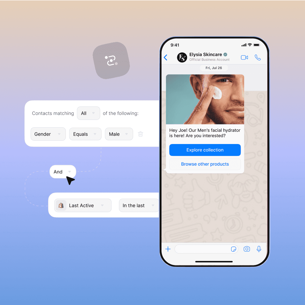 Segmentation flow targeting male customers for Elysia Skincare, sending personalized WhatsApp messages promoting men’s facial hydrator.
