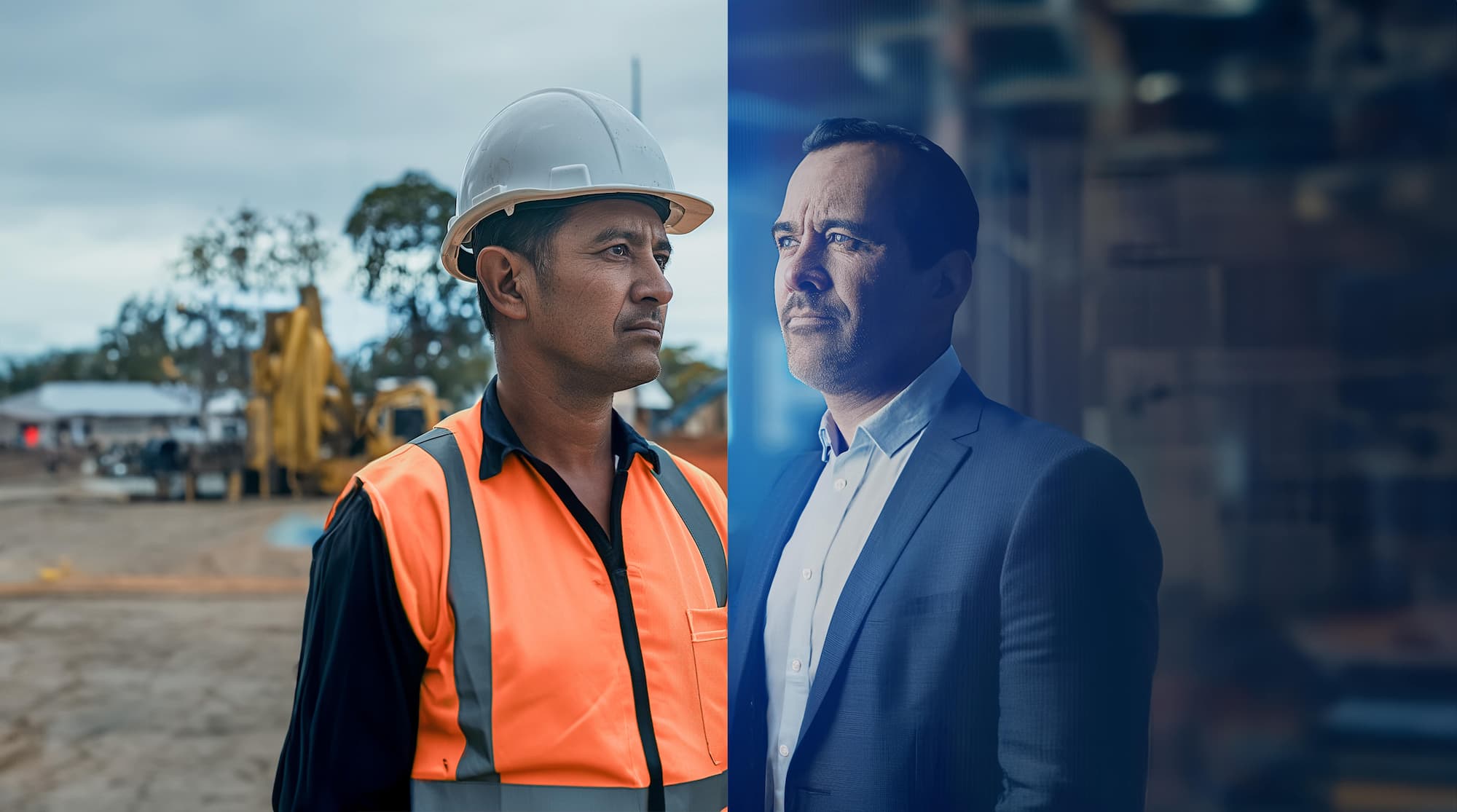 Split image showing a construction worker in safety gear and a business professional in a suit