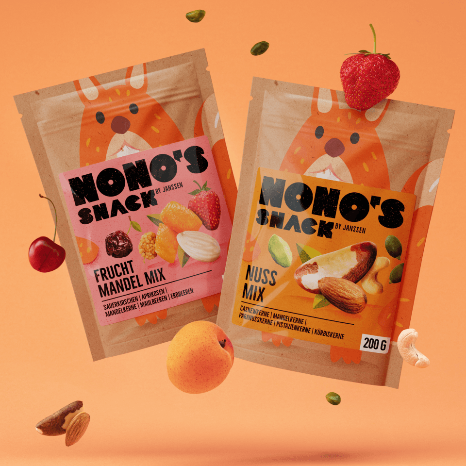 Nono's Snack Detail – Verpackungs-Closeup mit Logo und Sortenangabe