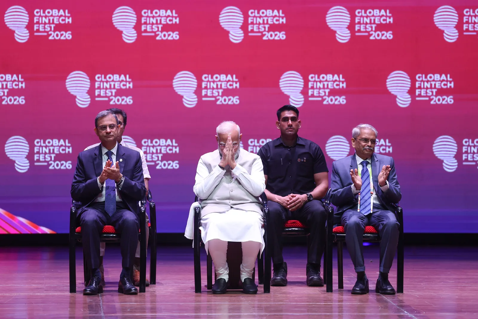 Prime Minister Narendra Modi on stage at Global Fintech Fest 2026 in Mumbai with the event backdrop behind him