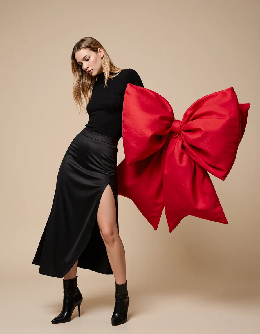 Fashion photograph featuring model in elegant black outfit with slit skirt and boots, dramatically accessorized with oversized red bow