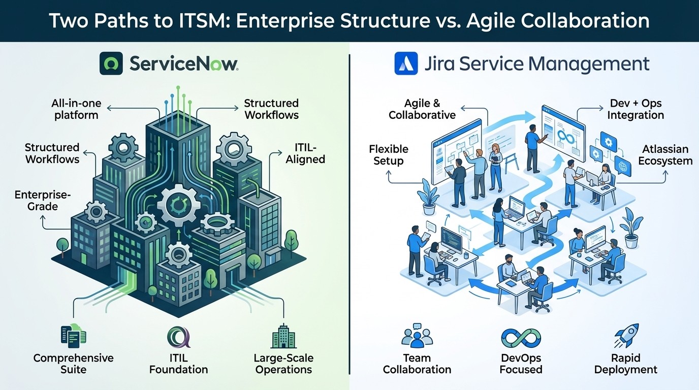 An infographic detailing the ServiceNow vs Jira Service Management comparison.