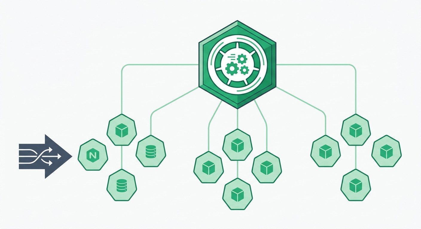 Illustration of Kubernetes orchestrating self-hosted Supabase services across pod clusters behind a load balancer