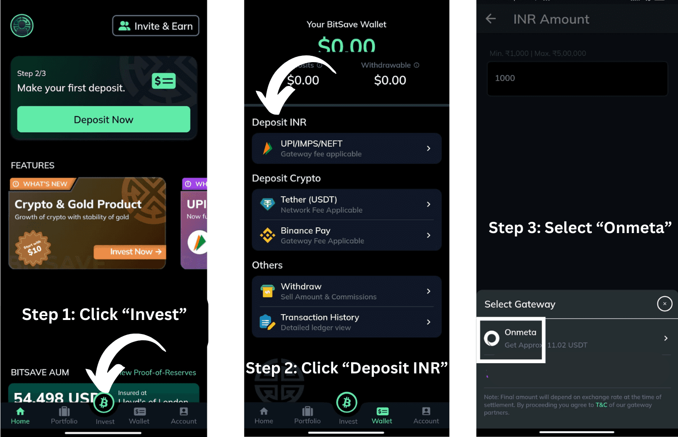 Add funds in your wallet on Bitsave via Onmeta
